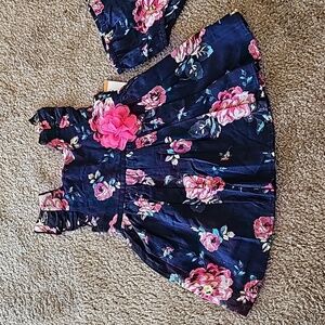 Zunie Girl Navy Floral Knee Length Pleated Dress